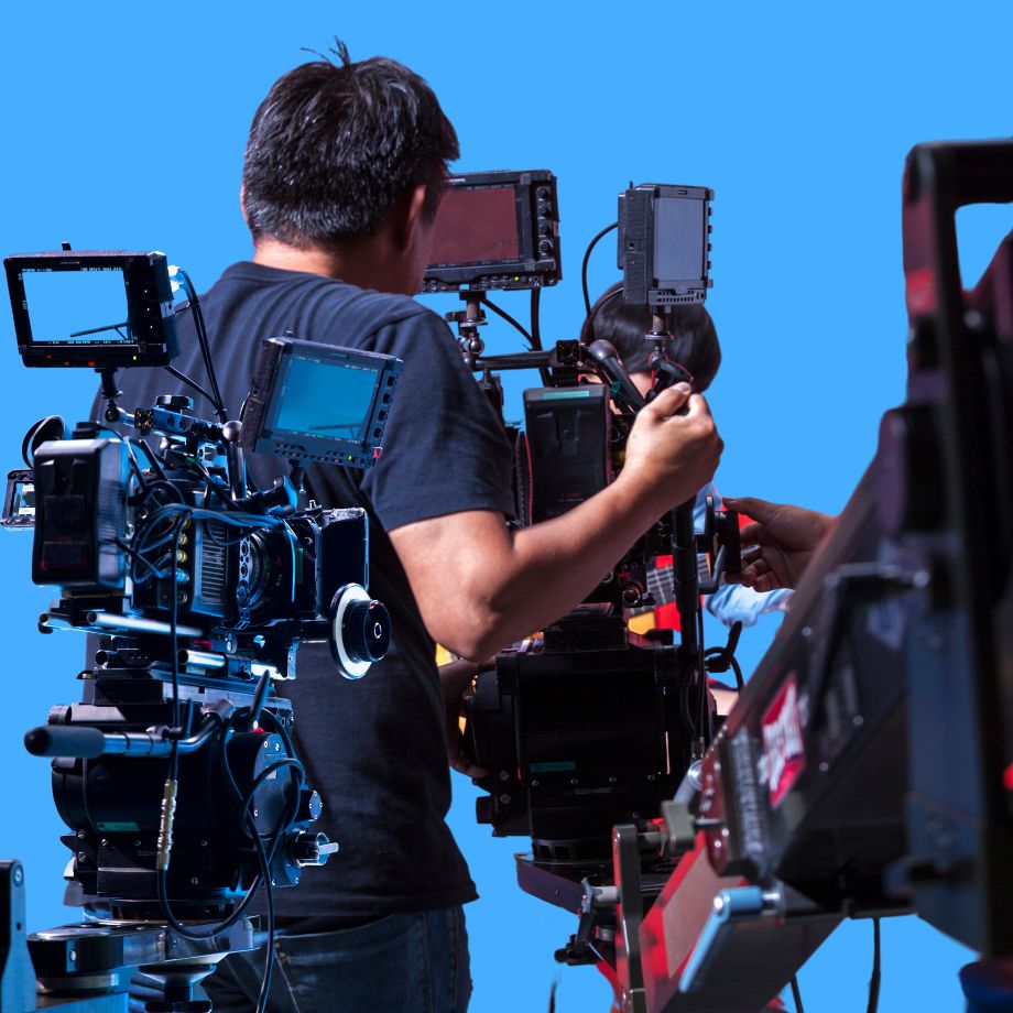 "A professional TV production team setting up for a shoot in Melbourne, Australia, with camera equipment and lighting gear in focus, highlighting Melbourne's contribution to high-quality television content creation."